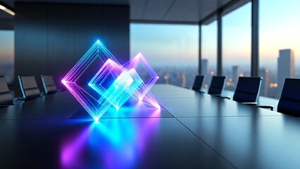 Futuristic geometric shapes illuminate a modern conference room overlooking a cityscape, representing innovation, technology, and business growth in a digital age