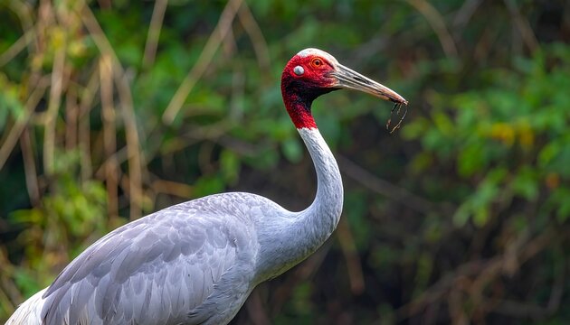 Grey crane with red head, neck, holding twig in beak, against green foliage