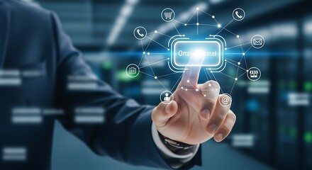 Fototapeta premium A person in a suit is touching a digital interface with 