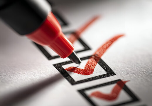 Close-up of a checkmark being highlighted on a checklist, symbolizing task completion and organizational efficiency.