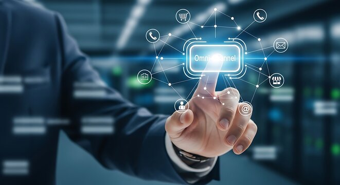 A person in a suit is touching a digital interface with "Omni channel" text. A network connects icons like shopping cart, phone, and envelope. Blurred background