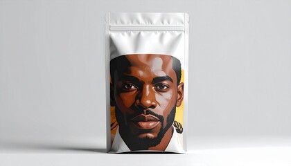 Illustration of a man printed on a product pouch