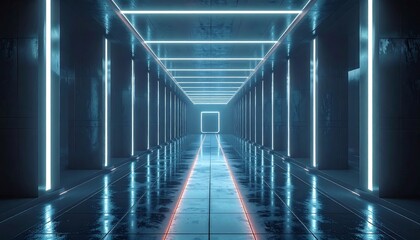 Futuristic, neon-lit corridor with a receding perspective, casting blue and orange glow