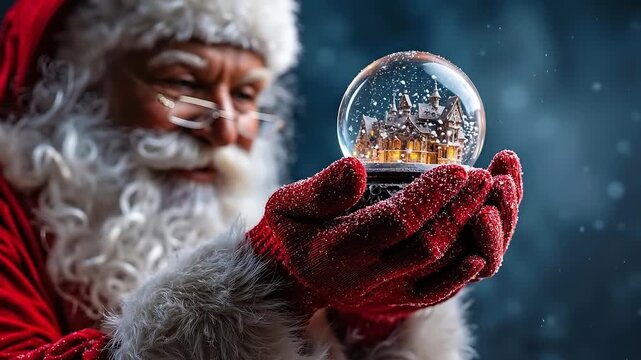A santa claus holding a snow globe with a house inside of it
