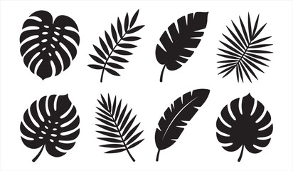 Tropical Leaf Silhouette Icon Set with Monstera, Palm, and Fern Botanical Elements