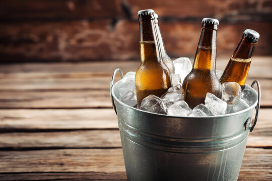 Chilled beer bottles in a metal bucket filled with ice, perfect for summer gatherings and BBQ parties.