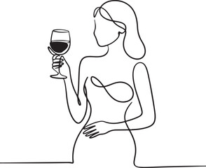 Continuous Line Art Illustration of Woman Holding Glass of Wine