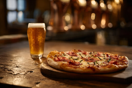Freshly baked pizza and a glass of beer on a rustic wooden table, perfect for sharing during a casual gathering or celebration.
