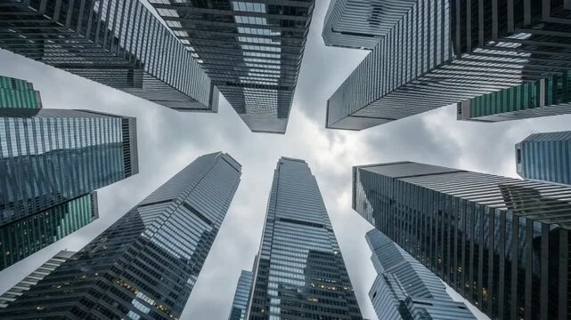 Urban Ascent: A mesmerizing low-angle perspective captures the grandeur of towering skyscrapers piercing the sky, embodying architectural prowess and urban development.