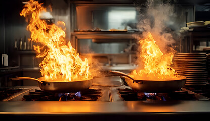 Dynamic kitchen scene with flames erupting from two pans, showcasing the art of cooking and culinary excitement.