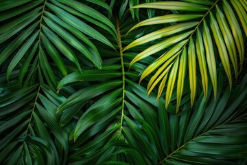 Tropical palm leaves overlapping, creating a vibrant and lush green botanical background