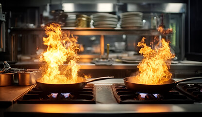Dynamic kitchen scene with flames rising from pans, showcasing the intensity and passion of culinary art.