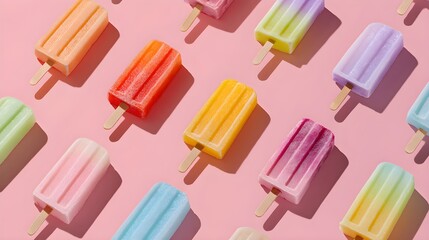 Minimal summer concept with colorful frozen popsicle placed on pastel pink backdrop, flat lay composition --ar 16:9