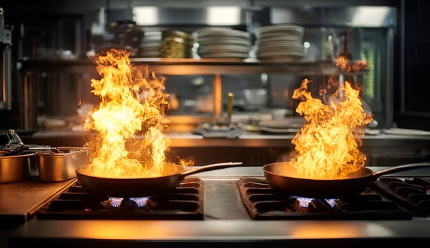 Dynamic kitchen scene with flames rising from pans, showcasing the intensity and passion of culinary art.