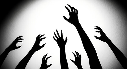 Silhouette of many reaching hands with claws in darkness