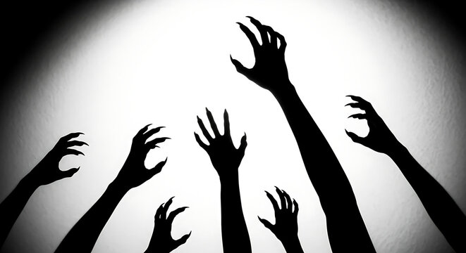 Silhouette of many reaching hands with claws in darkness