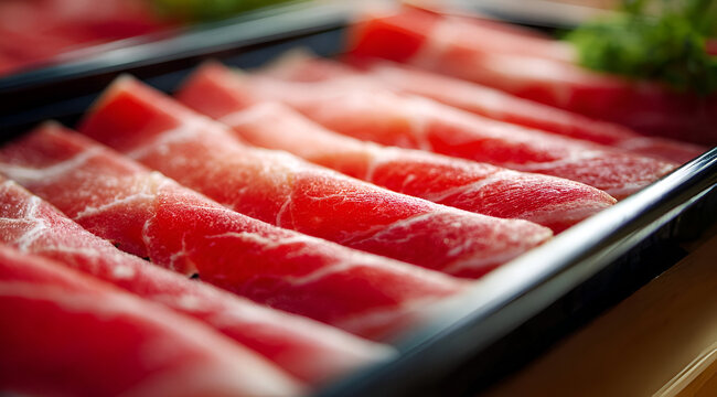 Close-up of fresh, thinly sliced meat arranged beautifully on a platter, showcasing rich texture and vibrant color.