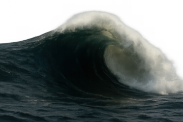 Powerful ocean wave breaking with white foam crest, water splashing, dark blue turbulent sea, transparent background
