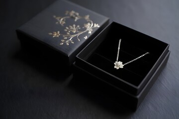 Elegant flower necklace in a decorative box on a dark surface, luxury gift idea concept