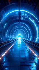Futuristic tunnel bathed in electric blue light, leading to a radiant source