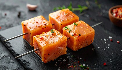 Raw salmon skewers with herbs and spices on dark slate surface surrounded by garlic and chili showcasing fresh culinary preparation and gourmet presentation