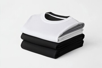 Stacking pile of folded blank black, grey, gray, and white t-shirts with a round neck and a white background cutout. A mockup template for graphic design artwork,
