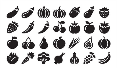 Fresh Food Icon Pack with Assorted Vegetables and Fruits for Organic Branding