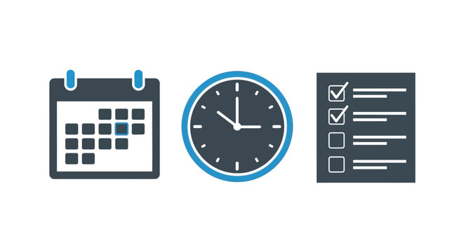 Calendar, clock, and checklist icons for time management on - Powered by Adobe