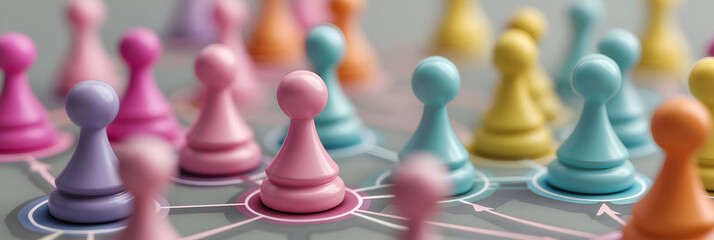 Colorful game pieces arranged strategically symbolize interaction and strategy in board games, perfect for enthusiasts and creators.