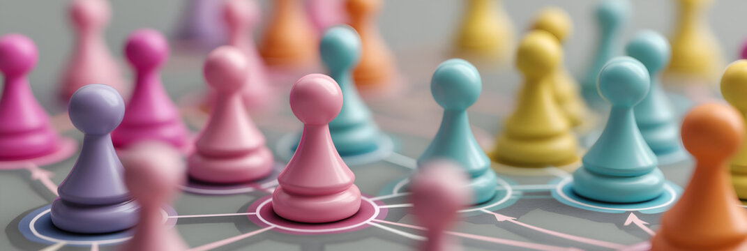 Colorful game pieces arranged strategically symbolize interaction and strategy in board games, perfect for enthusiasts and creators.
