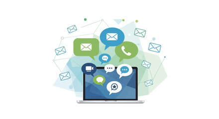 Digital communication and networking concept with laptop and various message icons isolated on