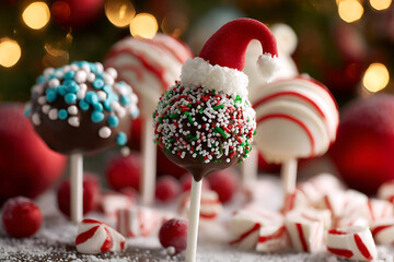 Festive holiday cake pops adorned with colorful sprinkles and Santa hats, perfect for celebrating Christmas sweet treats.