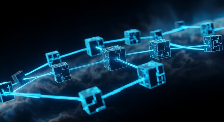 Futuristic network of glowing blue cubes linked against a dark, cloudy background