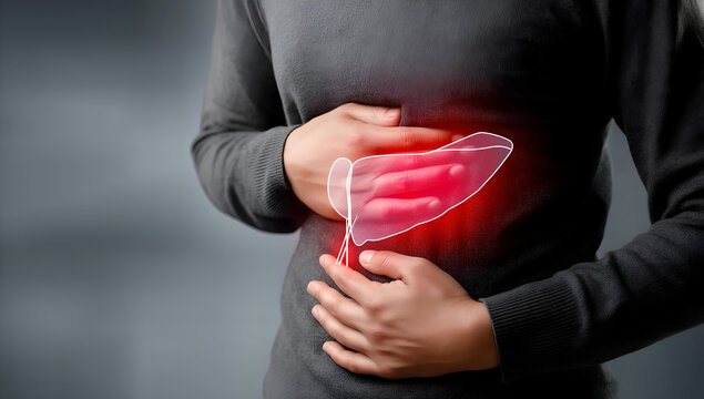 An illustration of liver pain depicted on a person holding their abdomen, showcasing medical symptoms and health awareness.