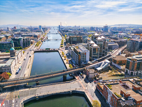 Dublin aerial view with Liffey river and Custom House, Ireland