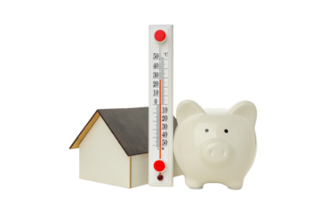 Winter savings: thermometer, piggy bank, house, isolated on white, PNG
