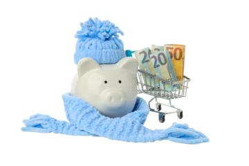 Winter piggy bank with cash for heat, isolated on white, PNG