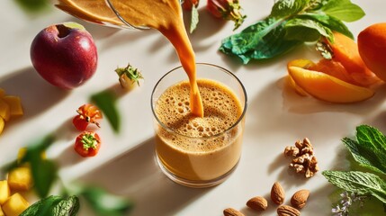 Vibrant fruit smoothie pouring with fresh ingredients