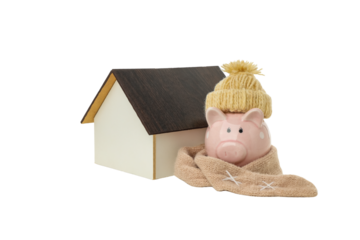 Pink piggy bank in front of a house, isolated on white, PNG