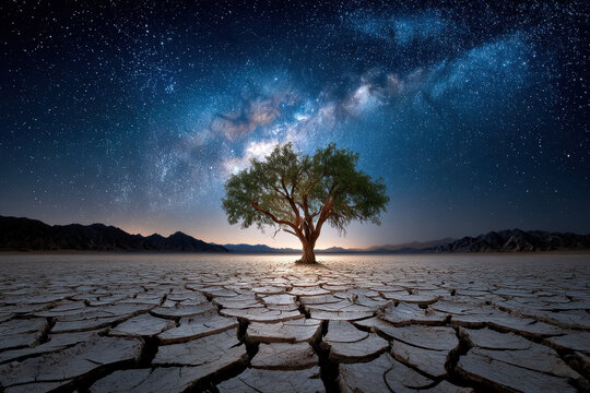 Lone Tree in Cracked Desert Under Milky Way at Night