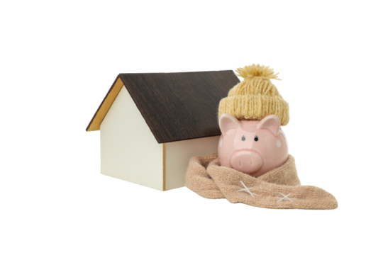 Pink piggy bank in front of a house, isolated on white, PNG