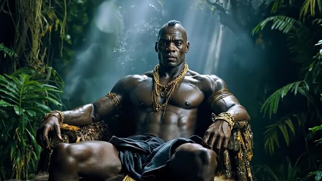 A shirtless man sitting on a throne in the jungle