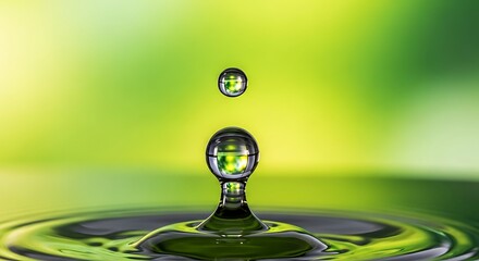 Water drop splashing on surface with ripples in vibrant green background