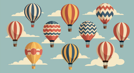 Obraz premium Hot air balloons vibrant flat design with diverse colorful patterns for fiesta artwork