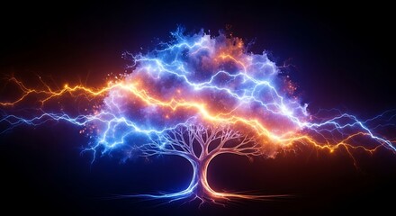 Energy tree with lightning bolt branches and roots in dark background