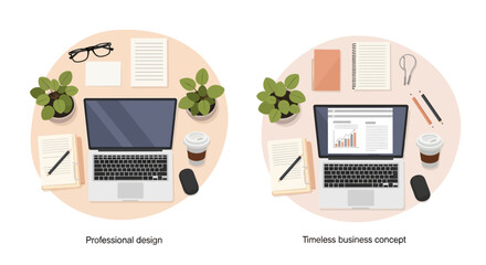 Top view of two modern office desks with laptops and work essentials