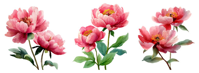 Watercolor set of peony flowers. Pink lush peony flowers with green leaves. Spring romantic hand drawn flowers. Opened peony flowers. Vector illustration.