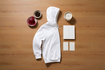 Flat lay of a white hoodie with mockup elements on a wooden background