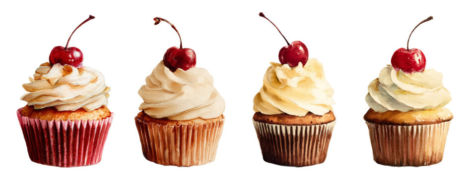 Watercolor cupcakes with cherries. Small cupcakes decorated with cream topping and caramelized cherries. Retro cupcakes with cherries. Vintage desserts with cream and berries
