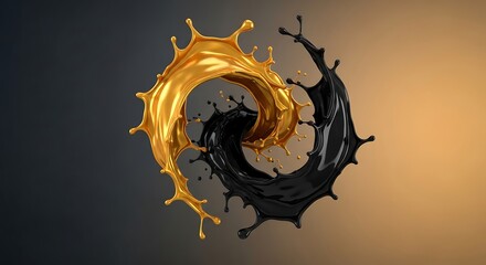 Liquid gold and black paint splashes intertwining on gradient background